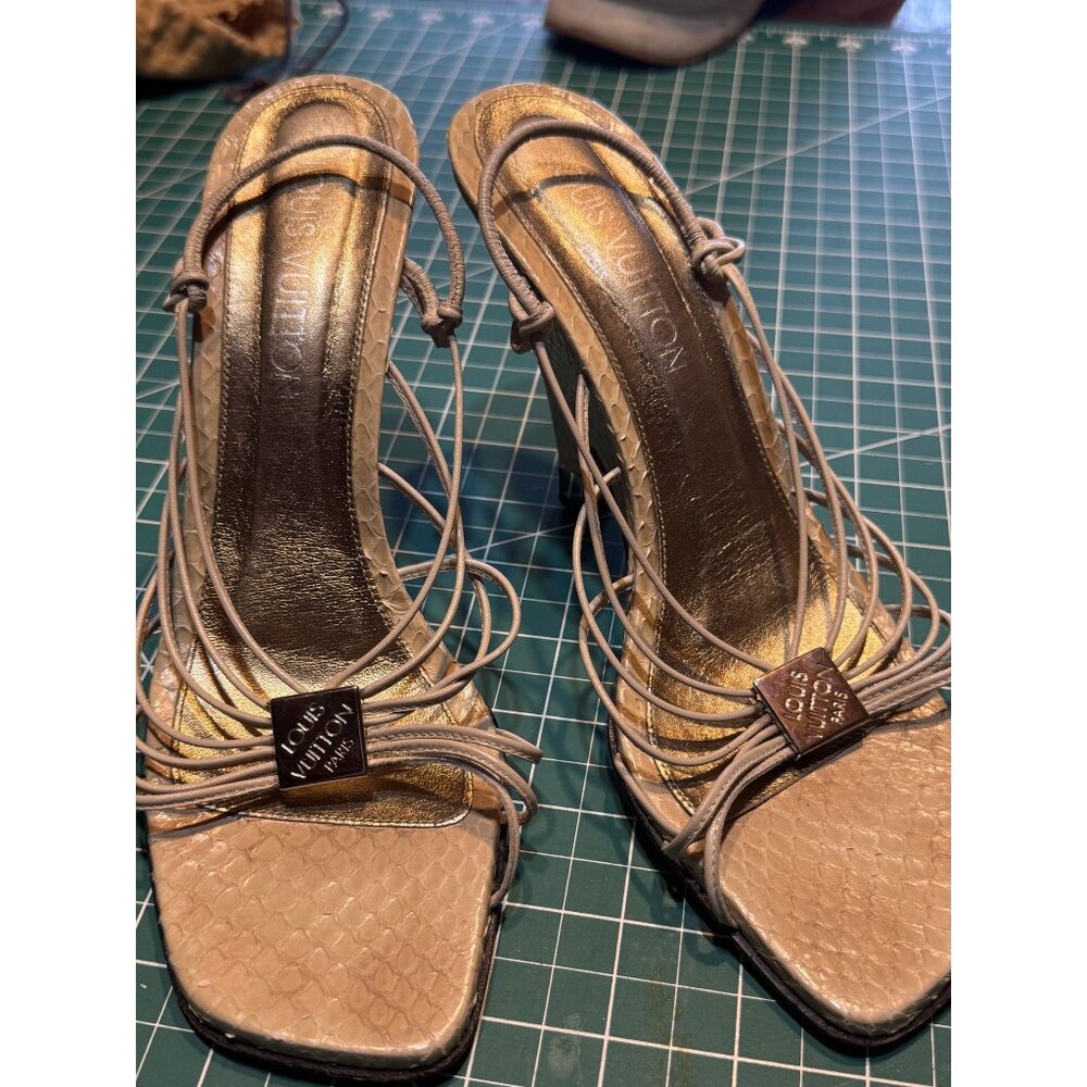 Louis Vuitton Womens Pale Sage Python Leather Strappy Heels Size 37 size 7